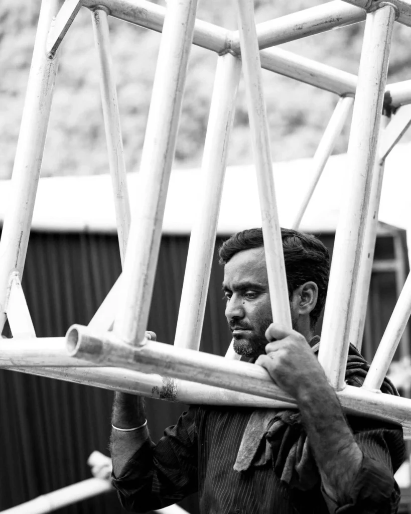 stage pre show setup iron ladders,man